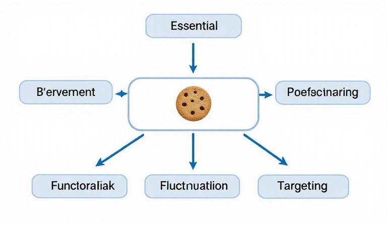 Diagrama de flujo mostrando diferentes tipos de cookies y sus funciones: esenciales, rendimiento, funcionalidad, publicidad.
