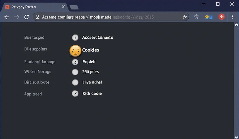 Representación de un panel de control de privacidad de cookies en un navegador web, con opciones para aceptar o rechazar diferentes tipos de cookies.
