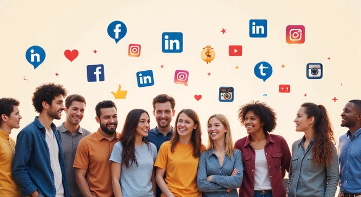 Grupo de personas interactuando en redes sociales, con iconos de Facebook, Instagram y LinkedIn