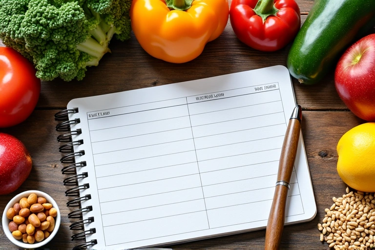 Mesa con alimentos saludables y un planificador nutricional