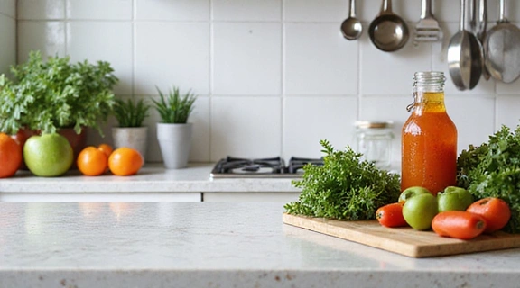 Mesa de cocina con ingredientes para cocinar una receta saludable