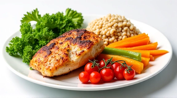 Plato colorido de verduras frescas y proteínas