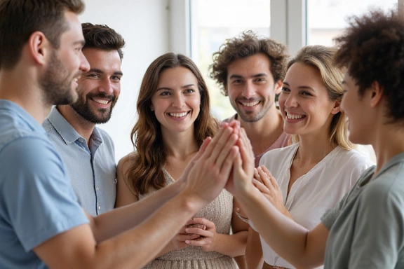 Grupo de personas diversas celebrando el éxito de su plan nutricional con un nutricionista, en un ambiente de apoyo.
