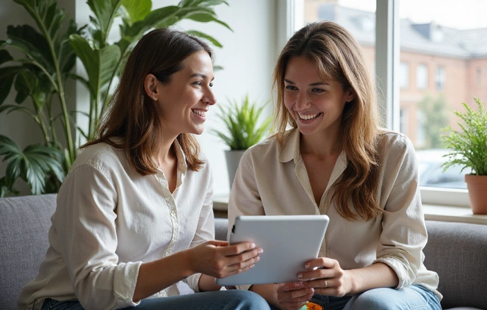 Mujer sonriendo mientras un nutricionista explica un plan alimenticio en una oficina moderna.