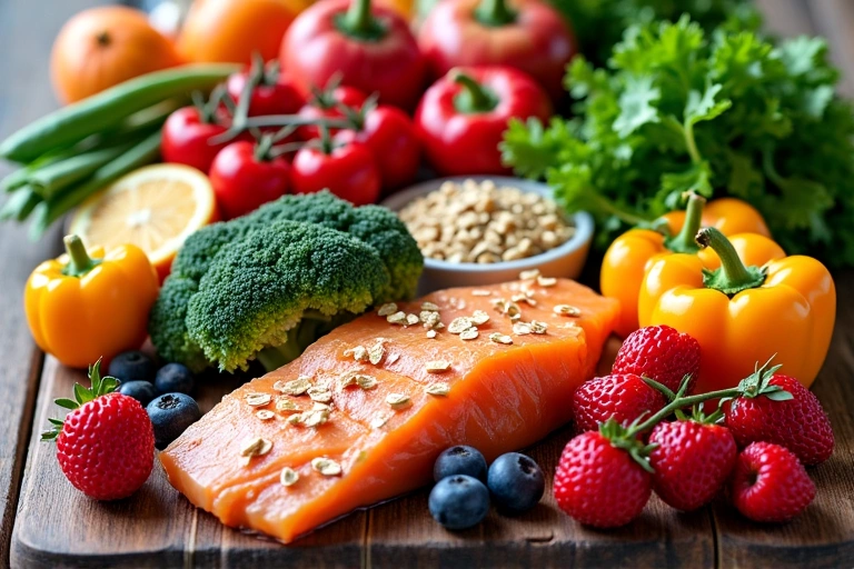 Variedad de alimentos frescos y saludables como frutas, verduras, granos y proteínas en una mesa de madera.