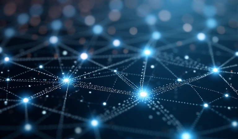 Abstract network of interconnected nodes, representing data sharing and privacy