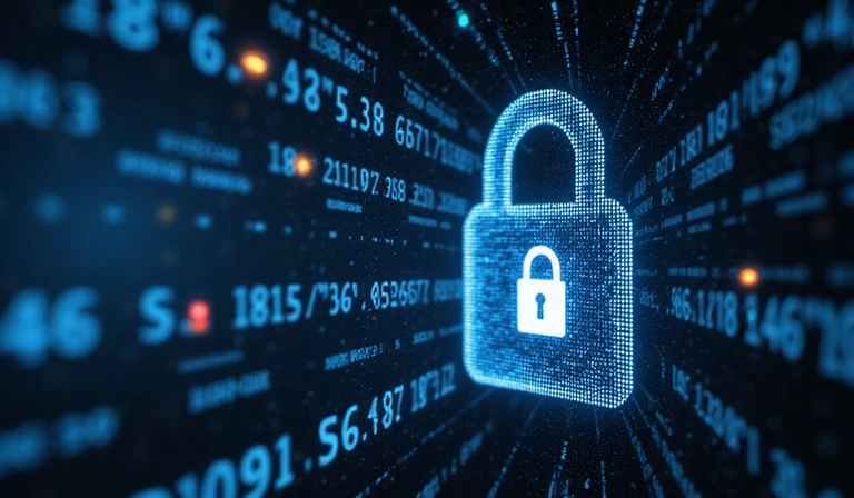 Digital data flowing into a secure lock icon, representing data collection and security