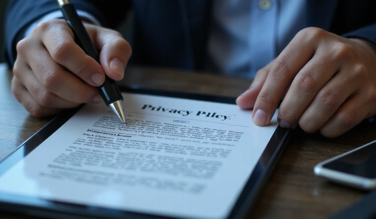 Person reading a privacy policy document on a tablet
